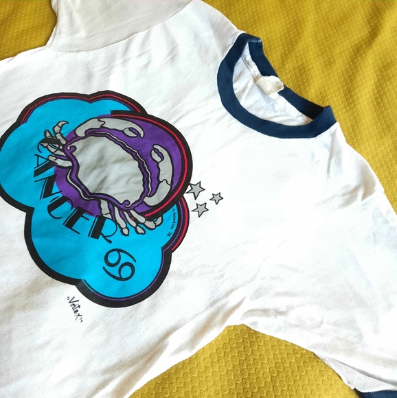 Vintage Tops - VINTAGE • 70s CANCER ZODIAC ASTROLOGY RINGER TEE